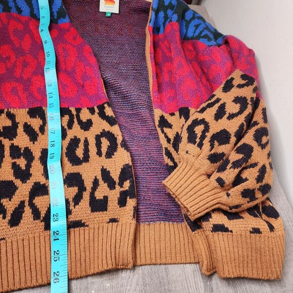 Farm Rio Striped Leopard Cardigan Sweater Open Front Womens XS Oversized - Picture 10 of 14